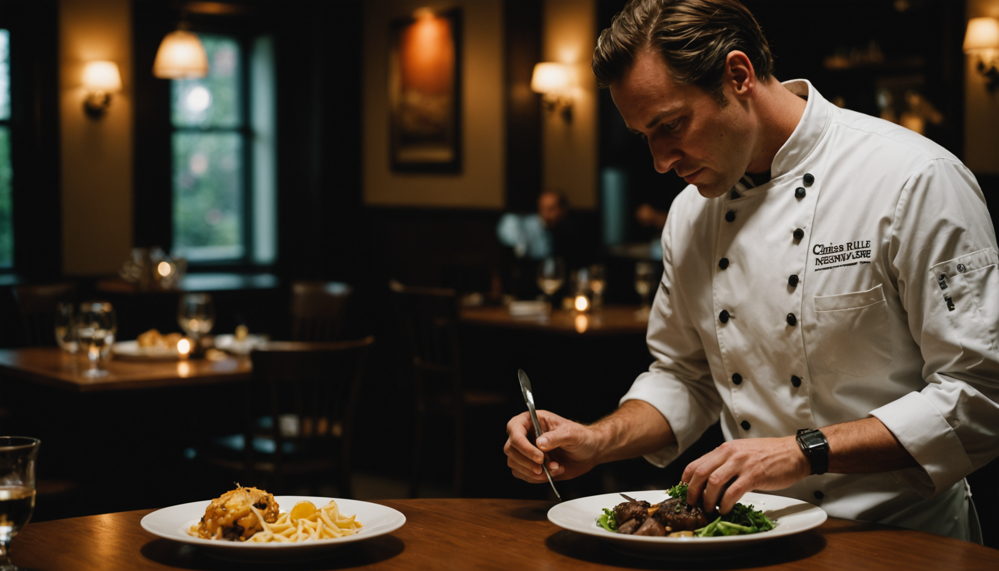 Multi-course chef's tasting menu set on rustic wood table with ceramic plates and candlelight