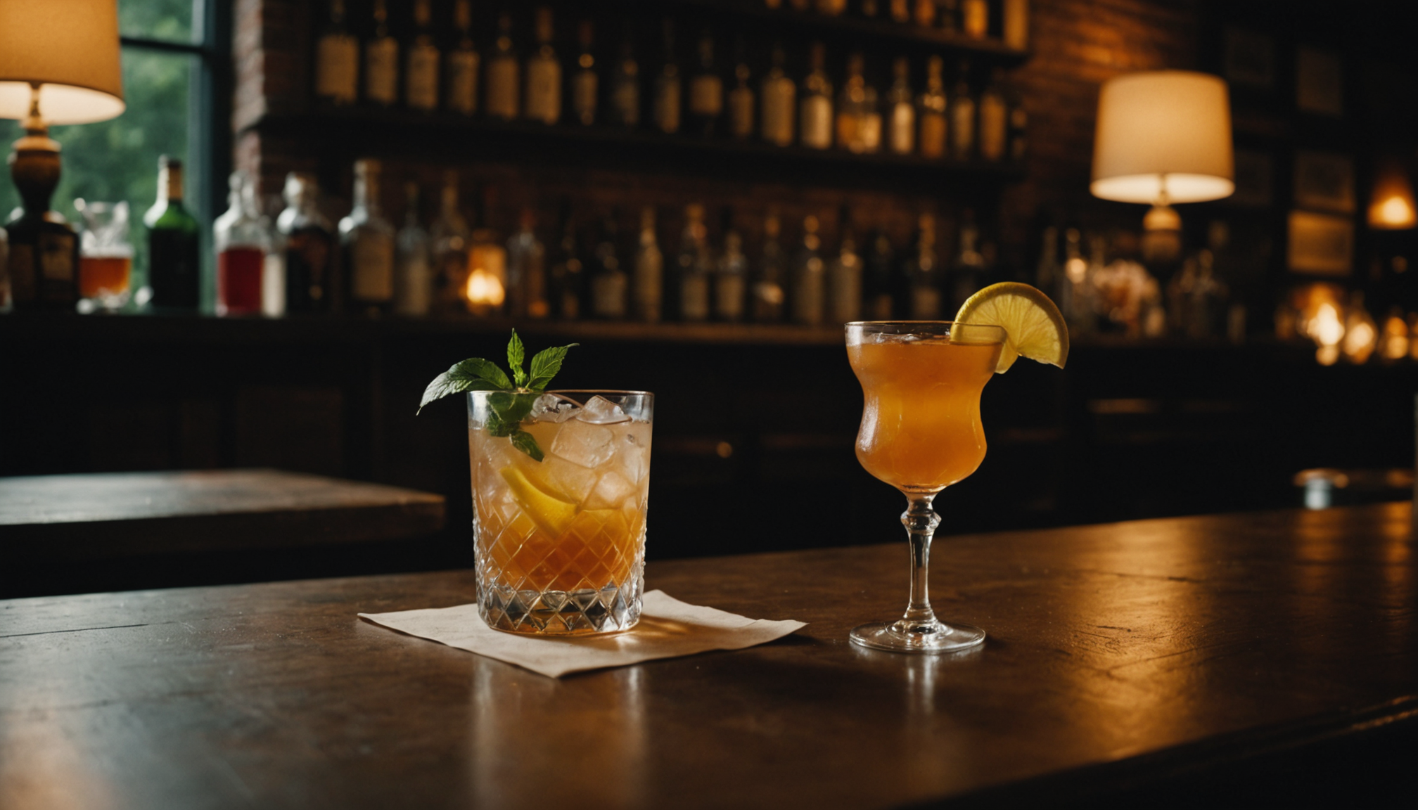 Seasonal craft cocktail with foraged herb garnish on dark oak bar top with amber-lit house-made bitters