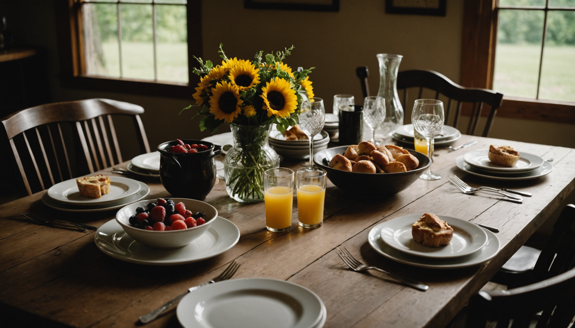 Cast iron skillet of eggs and heirloom vegetables on a wood-fired hearth at golden morning light