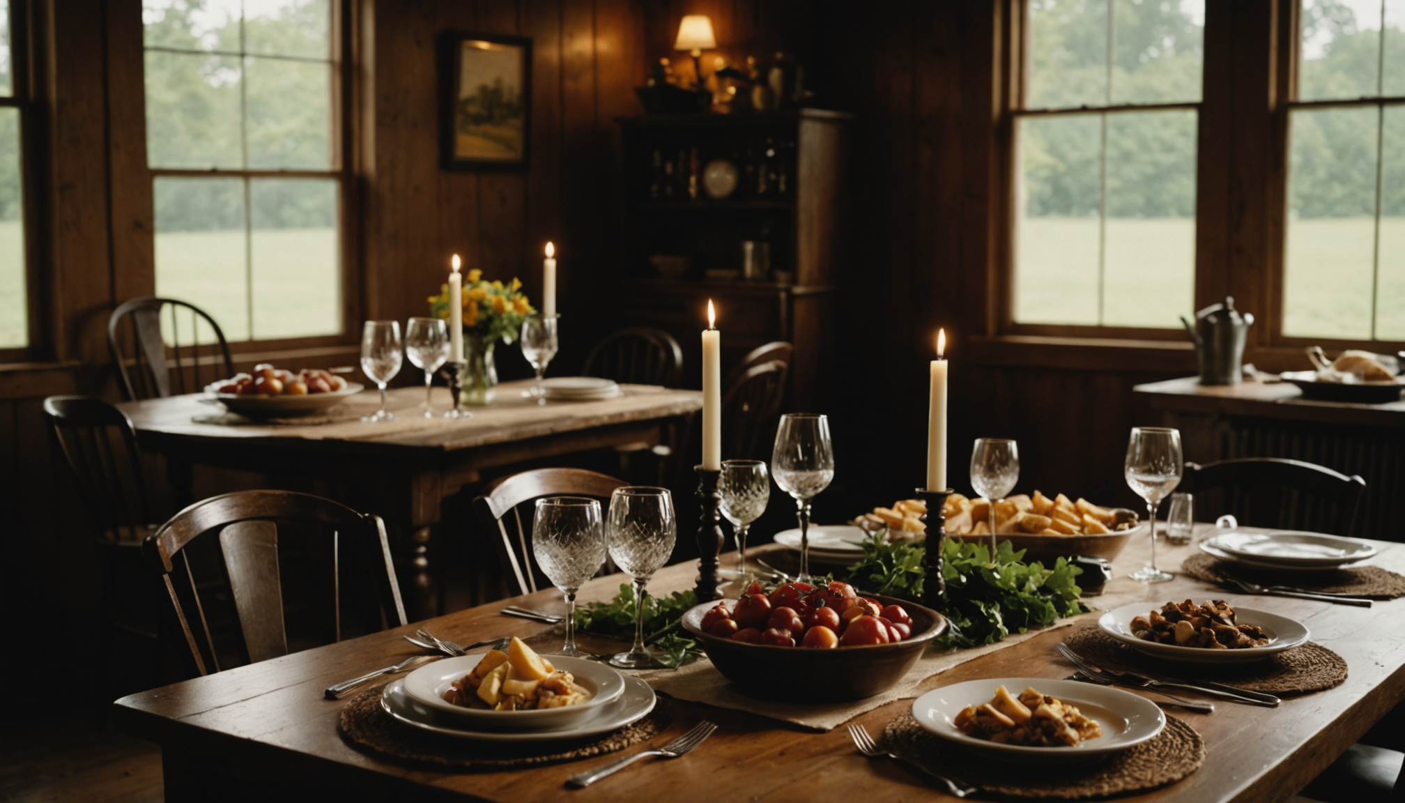 Rustic wood farm table set with ceramic plates and linen napkins under warm candlelight for a Nashville catered dinner