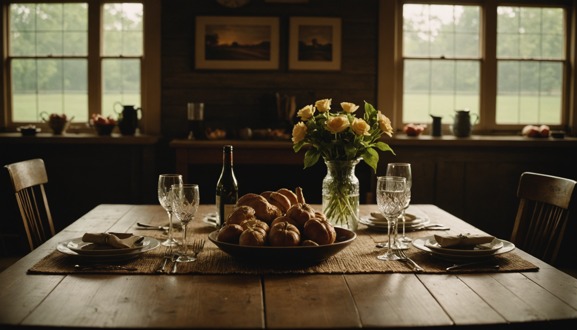 Candlelit ceramic plates on a rustic wood dining table with linen napkins and seasonal heirloom vegetables