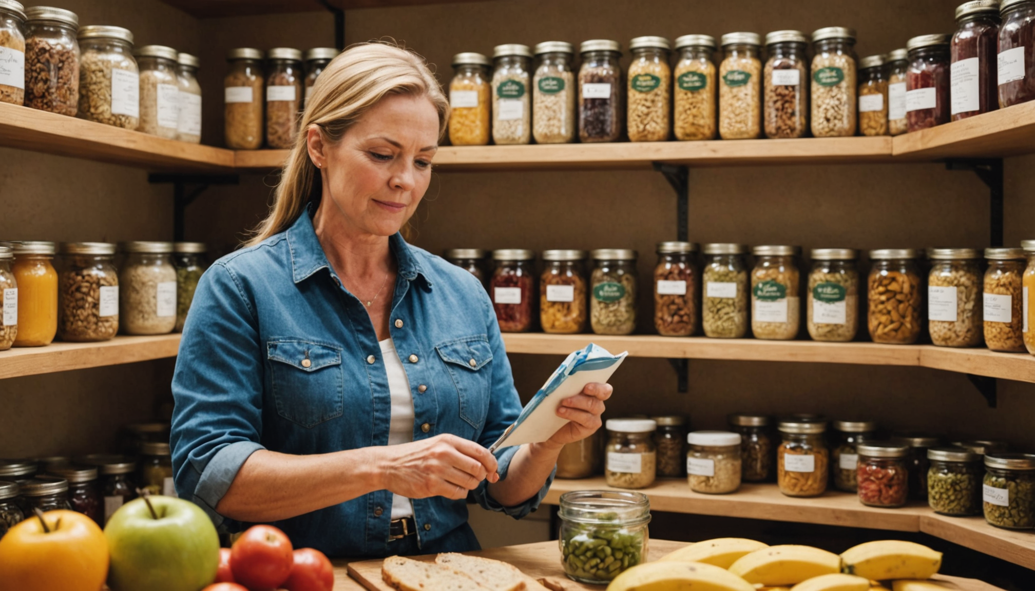 Rustic wooden pantry shelves lined with mason jars filled with grains, dried beans, local honey, and Tennessee-grown preserves