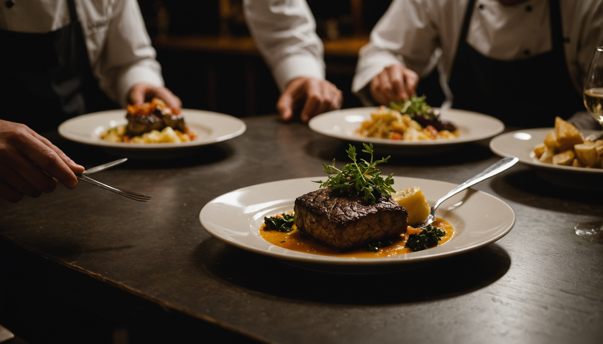 Multi-course chef's tasting menu plated on ceramic dishes on candlelit rustic wood table