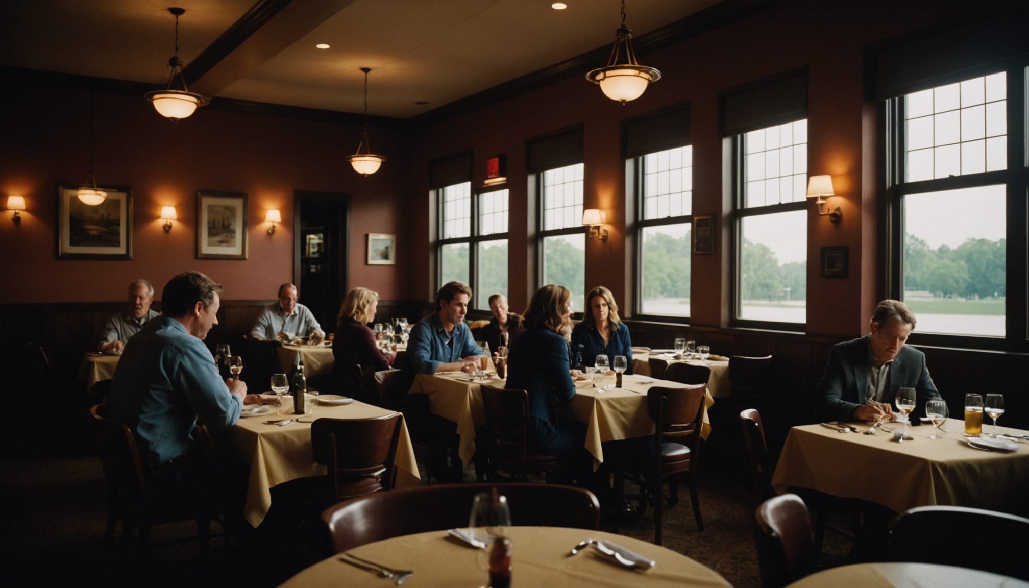 Candlelit rustic wood dining table set with ceramic plates and linen napkins at a Nashville restaurant