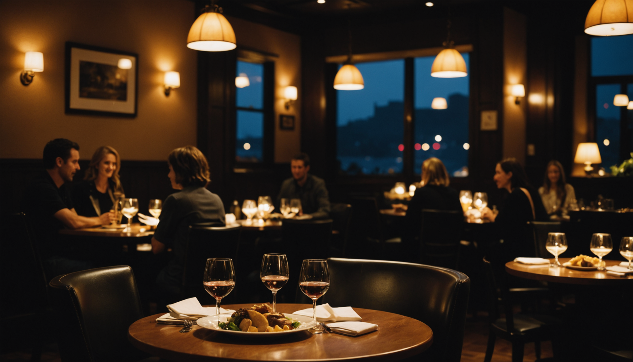 Candlelit rustic wood dining table set with ceramic plates and linen napkins at a Nashville restaurant