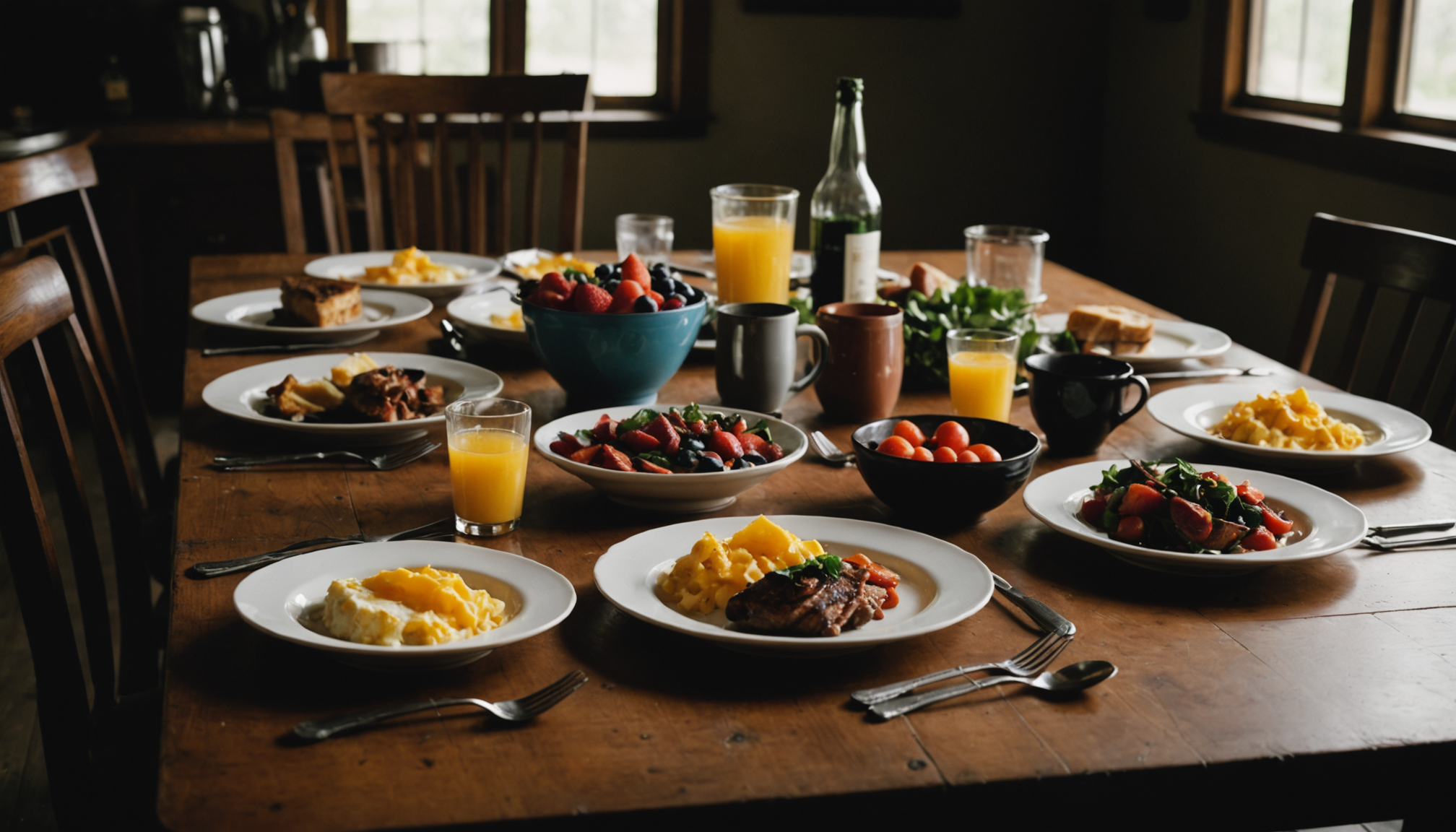 Ceramic plates with seasonal brunch dishes on a rustic wood table under warm candlelight