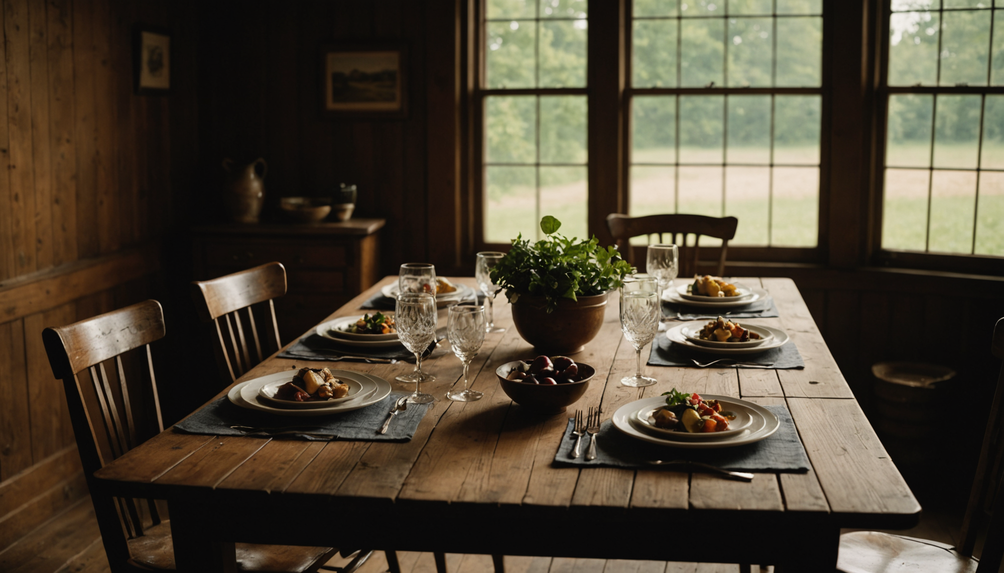 Intimate private dining room with exposed brick walls, warm pendant lighting, ceramic plates on linen-covered table