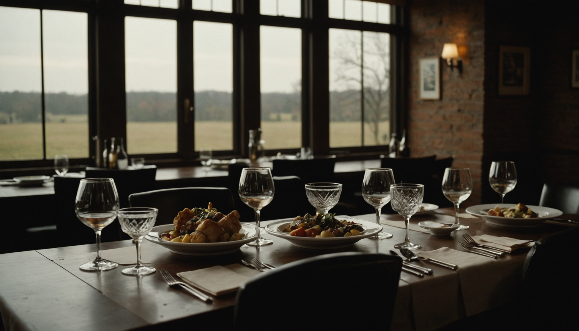 Intimate private dining room with exposed brick walls, warm pendant lighting, and ceramic plates on a linen-draped table