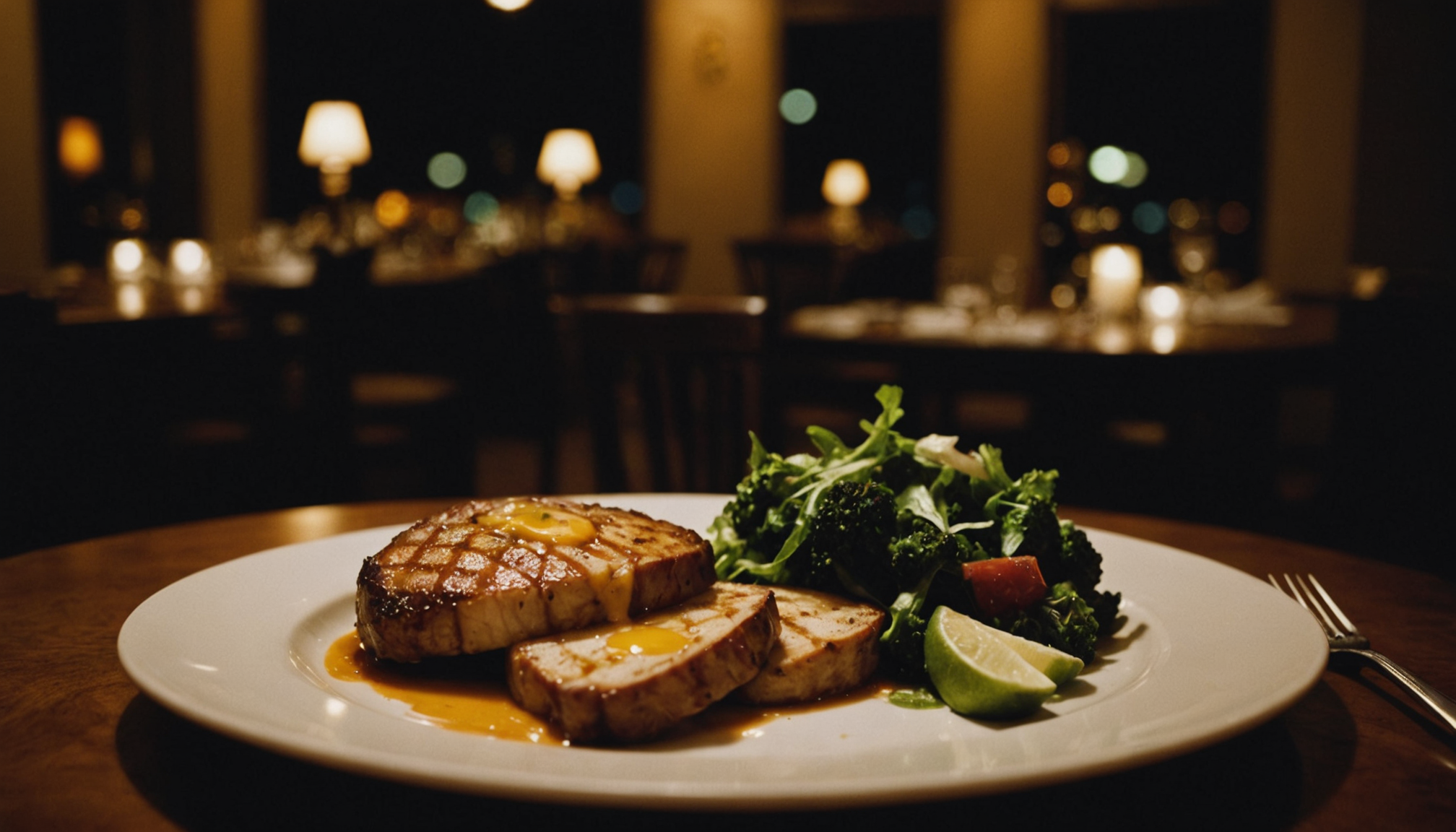 Candlelit rustic wood dining table set with ceramic plates and heirloom vegetable dishes at Nashville restaurant