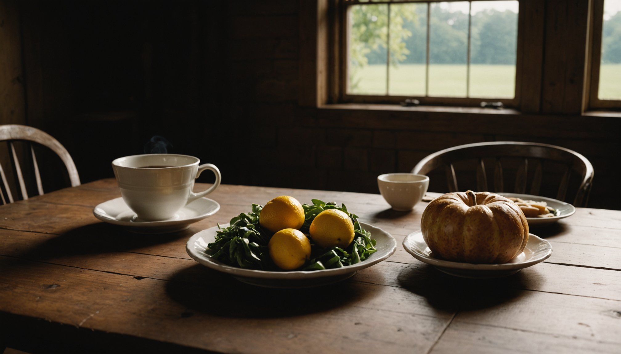 Heirloom tomatoes and root vegetables freshly harvested, arranged on a weathered butcher block surface in warm morning light